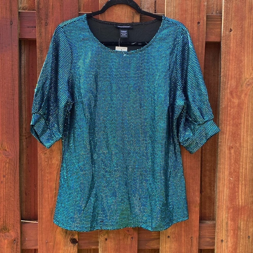 Ashley Stewart Metallic Teal Veridian Green Puff Sleeve Dot Top Plus Size 14/16
